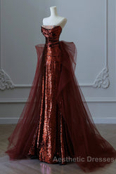 Wine Red Sequins And Tulle Long Formal Dresses, Wine Red Evening Prom Dresses